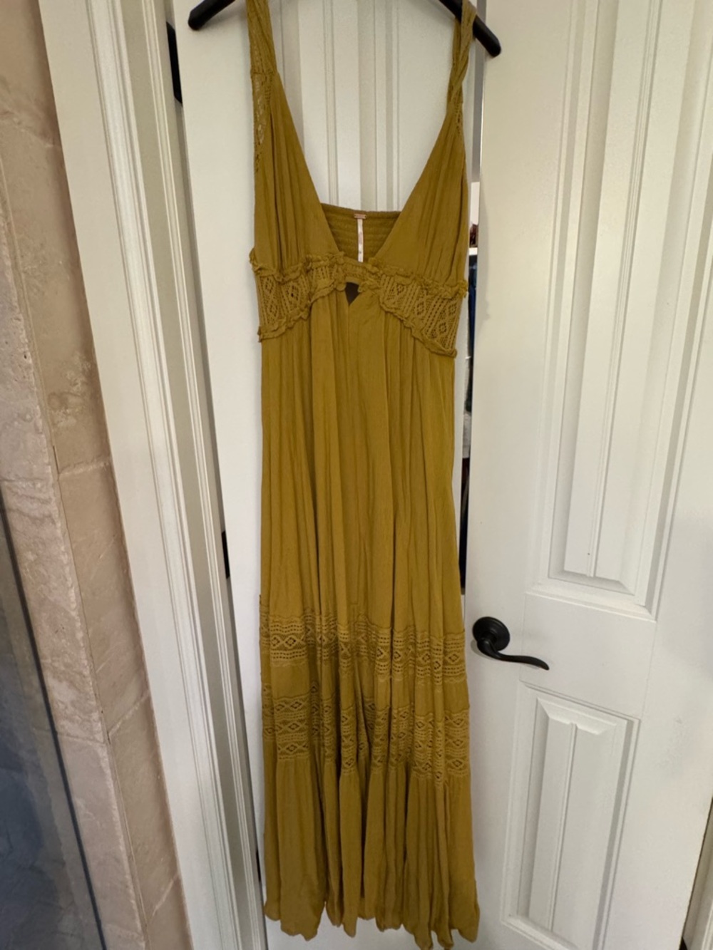Free People Olive-Mustard Boho Maxi Dress with V-Neck